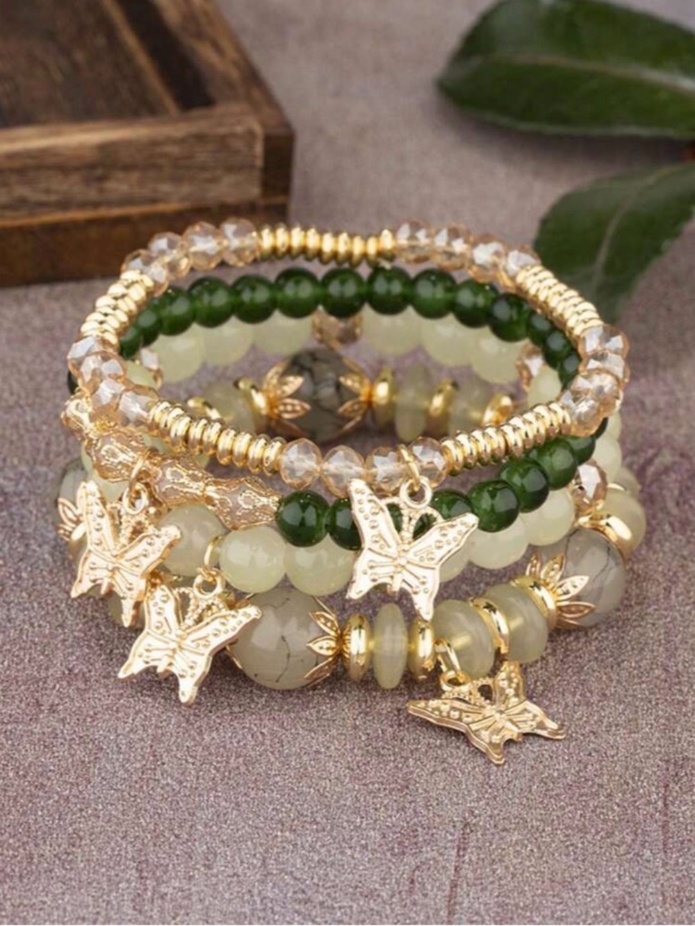 Green Gold White Beaded Bracelet Set Butterfly Charm Stack Stretch